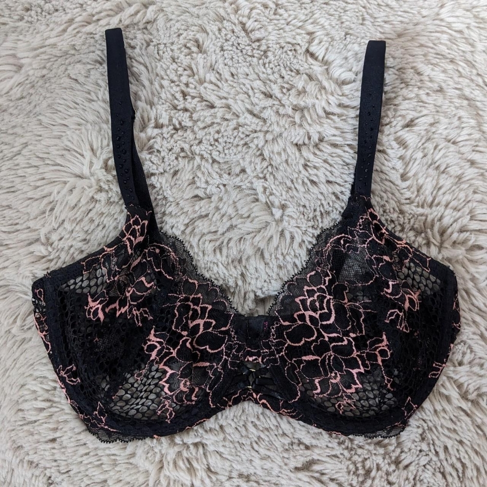2/$25 Sheer Floral Lace Bra Black & Pink